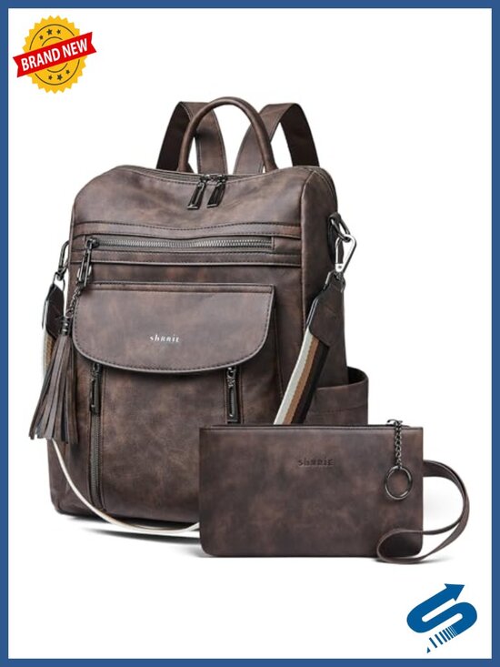 Faux Leather Backpack Purse Convertible Shoulder Bag with Wristlet Travel